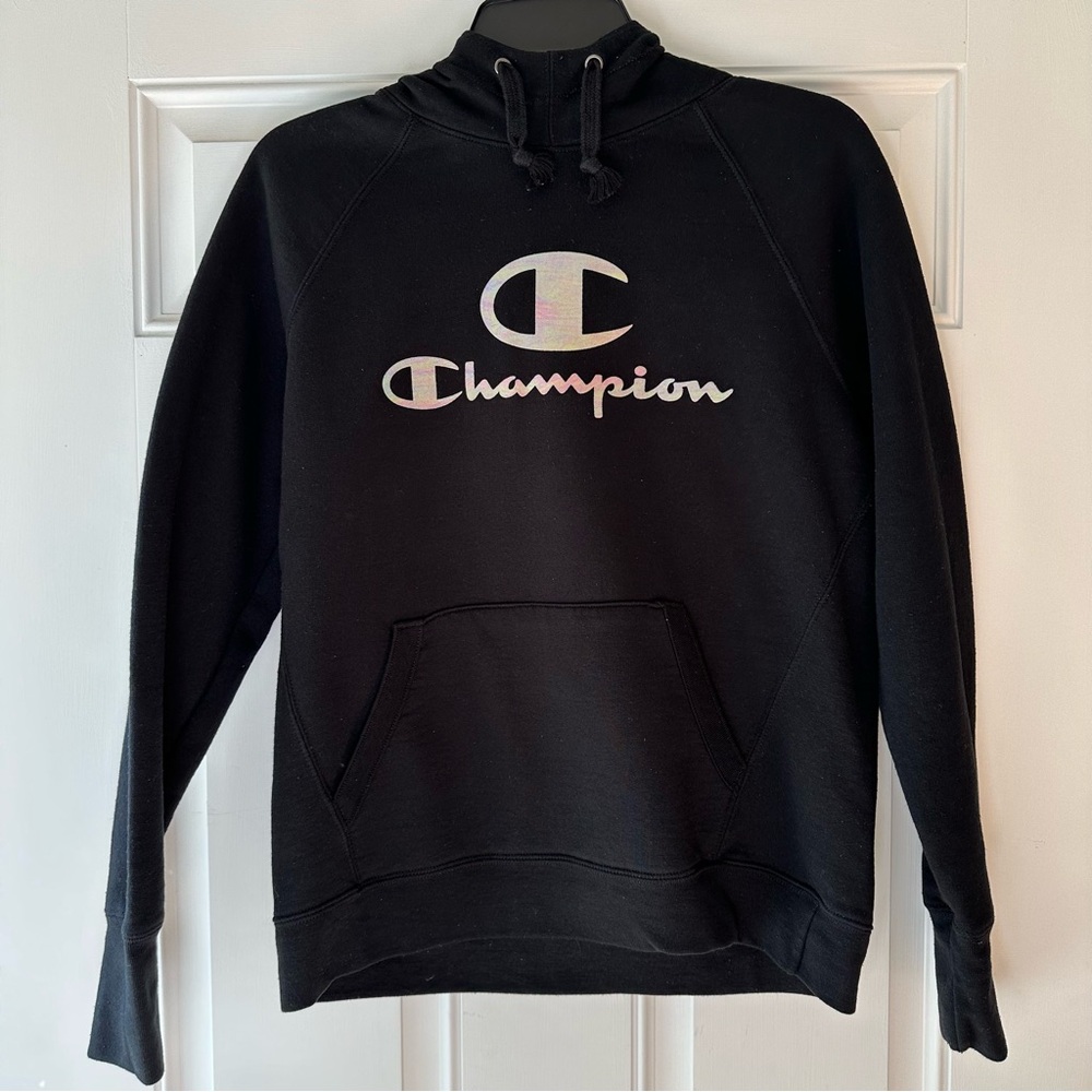 Women’s Small Champion Hoodie In Black With Silver Metallic Champion Word Logo - Picture 1 of 16